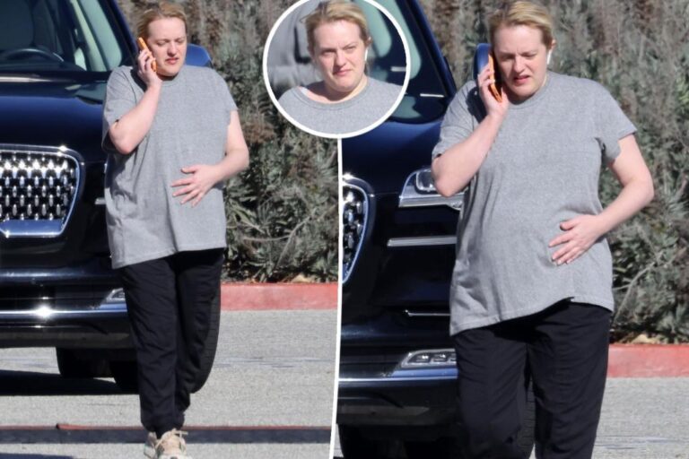 Elisabeth Moss rubs her stomach, goes makeup-free throughout LA outing