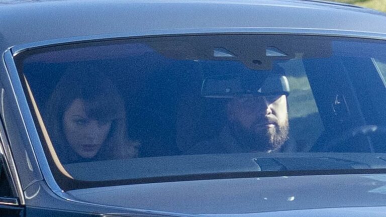 Travis Kelce and Taylor Swift get pleasure from a New Yr’s Day drive the morning after their passionate kiss at a glitzy social gathering because the couple head to the Chiefs star’s different home in Kansas Metropolis
