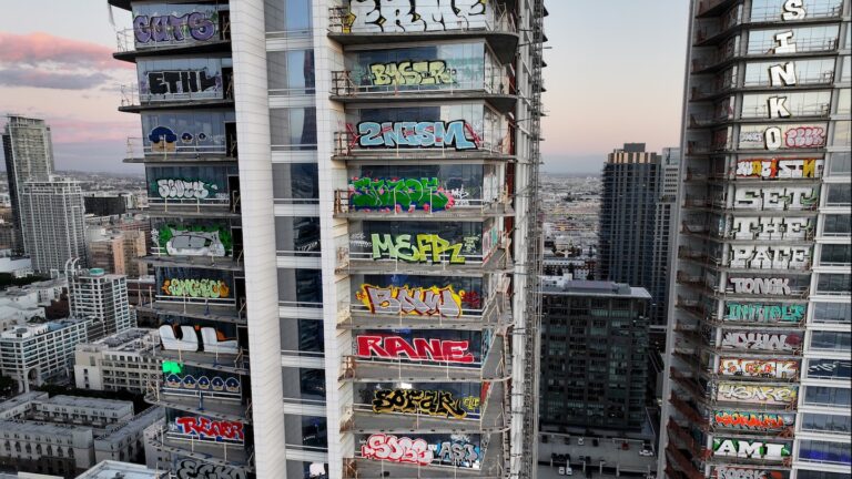 Contained in the graffiti-covered Oceanwide Plaza constructing in downtown L.A.